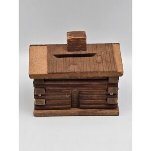 Unbranded miniture Log Cabin Bank OS‎ Brown Good Handmade Wood Rustic Folk Art